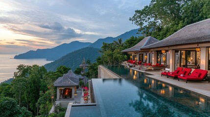 Fototapeta premium Outdoor pool terrace of a luxury villa, tropical panorama, festive red decor, and warm hues of sunrise