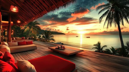 Outdoor terrace of a villa with lush tropical landscape, golden sunrise glow, and festive red details