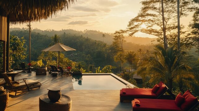 Outdoor terrace of a villa with lush tropical landscape, golden sunrise glow, and festive red details