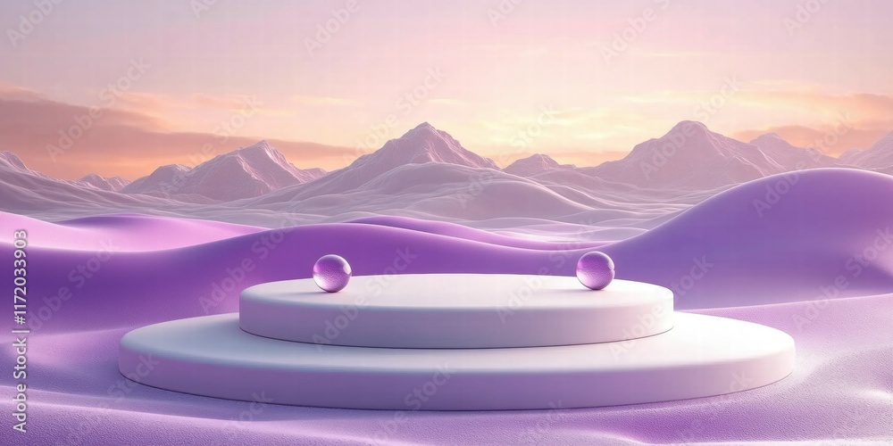 Poster a serene landscape with a circular platform and two spheres, set against mountains and soft hills.