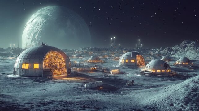 Lunar colony development moon digital art sci-fi environment night view futuristic concept