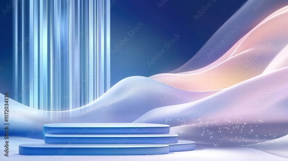 Poster a serene, abstract stage with flowing waves and light effects, ideal for presentations or events.