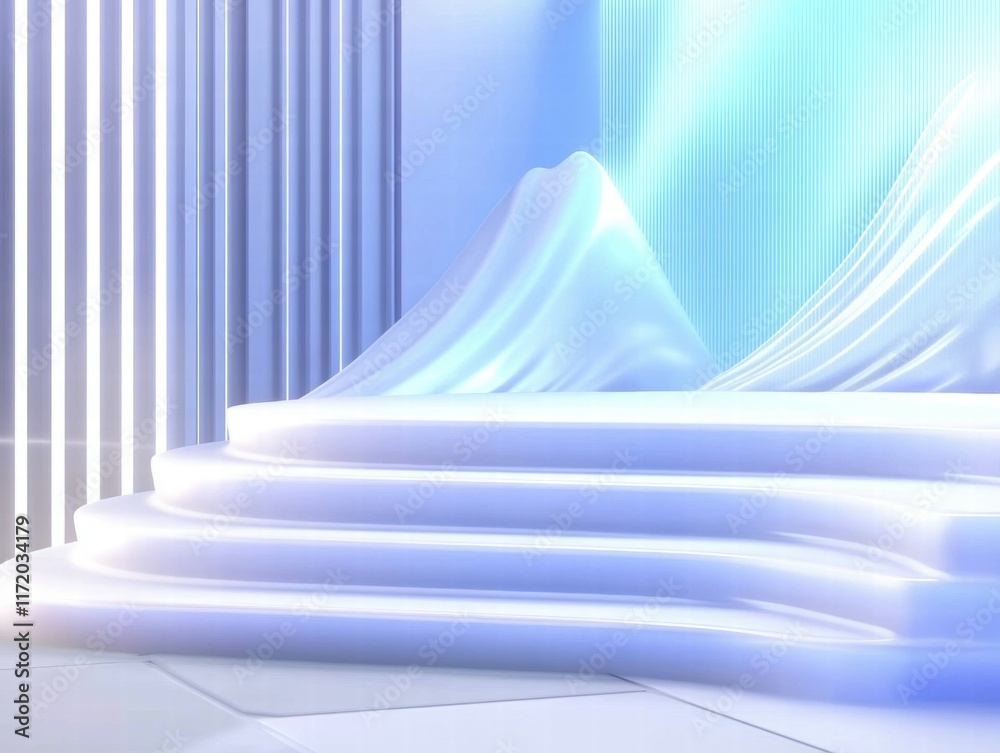 Aufkleber a serene, modern stage design with smooth, flowing forms and a calming blue backdrop.