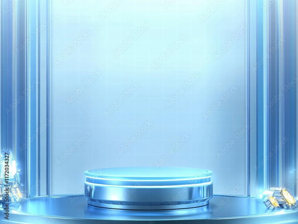 Poster a sleek, illuminated stage with a circular platform, ideal for presentations or displays.