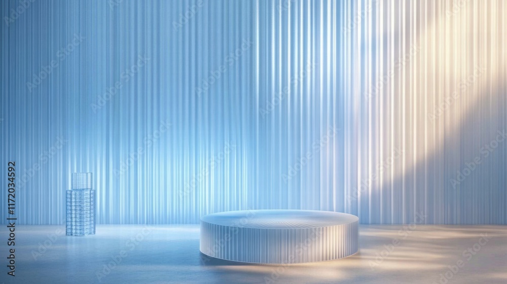 Poster a minimalist interior featuring a circular platform and a glass structure against a softly lit backd