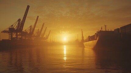 Obraz premium Sunrise over industrial port maritime operations scenic waterway tranquil environment wide-angle view urban development