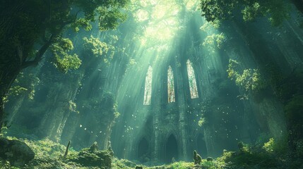 Majestic light filtering through ancient trees enchanted forest digital art serene environment ethereal viewpoint nature concept