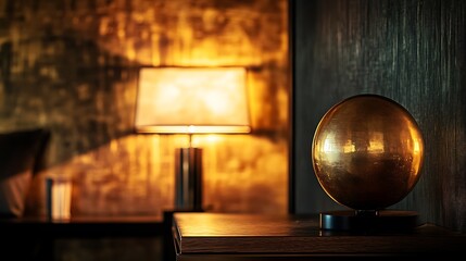Golden Orb Decorates Dark Wooden Table Near Lamp
