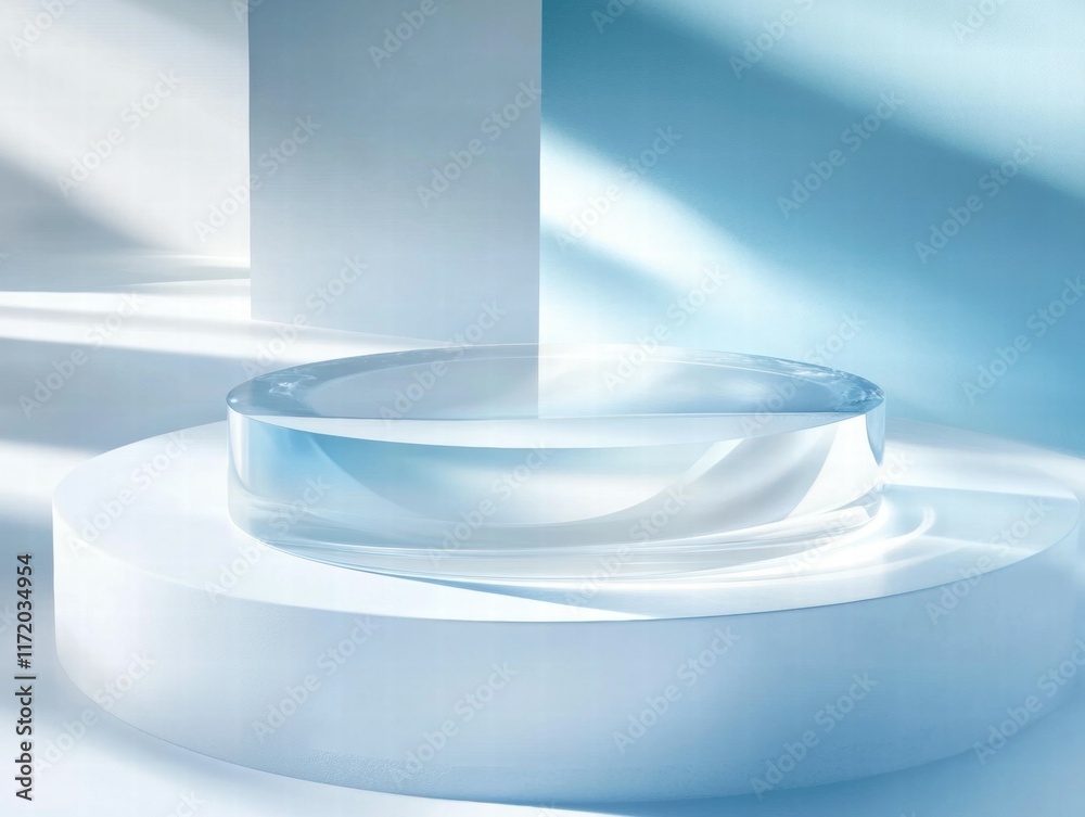 Poster A minimalist display featuring a clear, circular object on a smooth, curved surface.