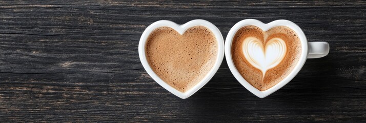 A top view of two coffee cups forming a heart with frothy designs in their tops