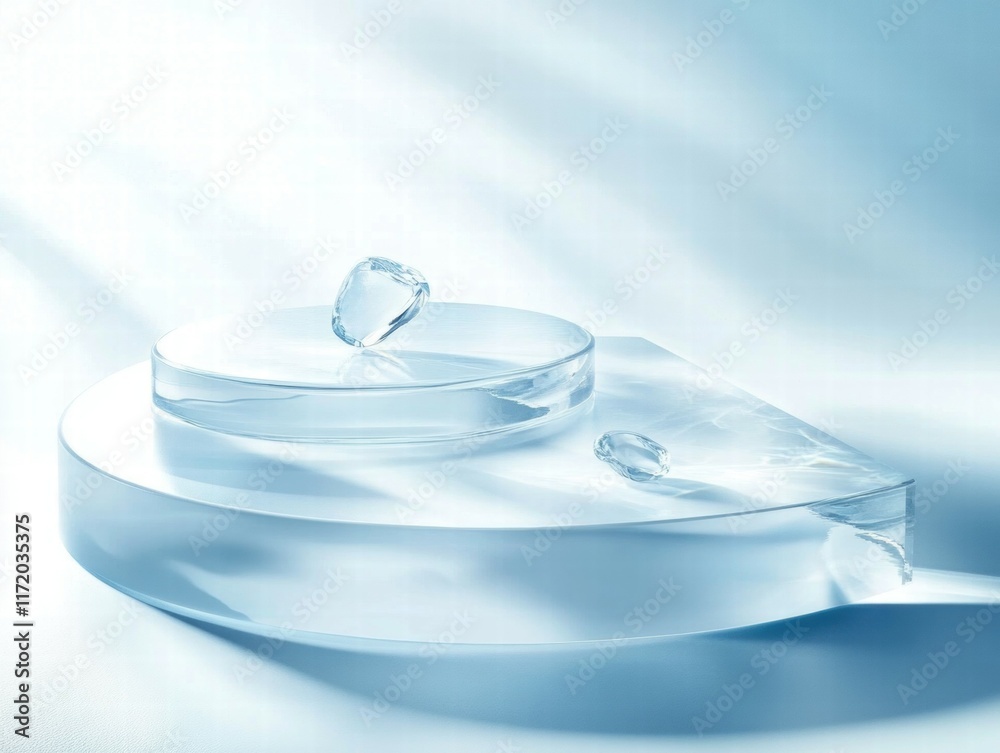 Poster a minimalist display featuring clear glass shapes on a soft blue background.