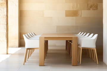 Fototapeta premium A set of outdoor modern dining furniture with a wooden table and white chairs on the terrace