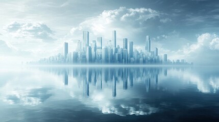 Fototapeta premium Futuristic urban landscape reflection serene water body digital art calm environment aerial view modern city concept