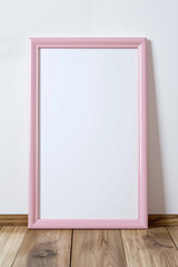 Pastel pink mockup poster frame on the wooden floor by the wall