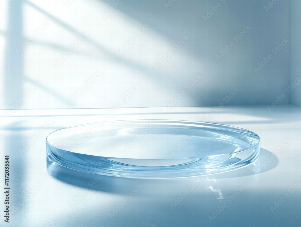 Poster a clear, circular glass dish resting on a smooth surface with soft light and shadows.