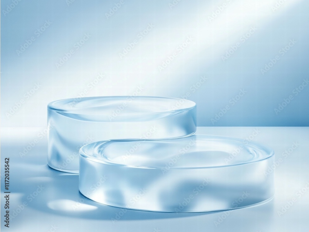 Poster two transparent circular glass objects on a light blue background.