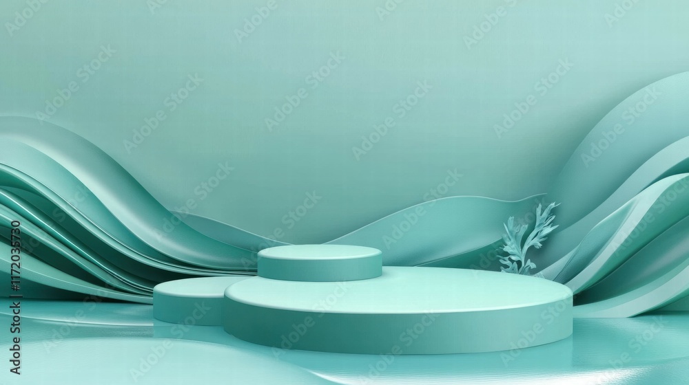 Leinwandbilder a serene abstract scene featuring layered waves and circular platforms in soft teal tones.