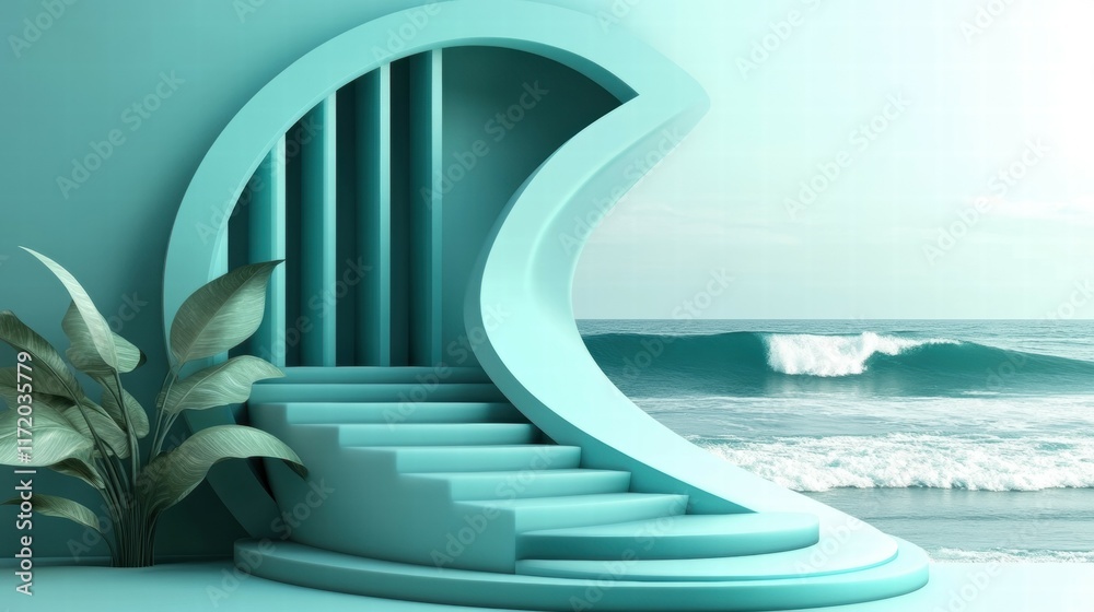 Poster a stylized staircase resembling a wave, leading to a serene ocean view.