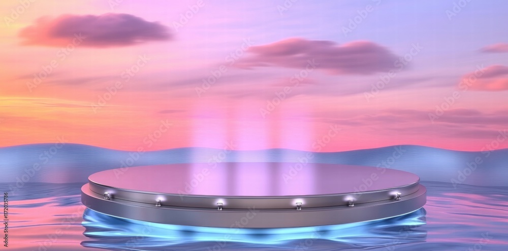 Aufkleber a circular platform in calm water with colorful lights against a sunset backdrop.