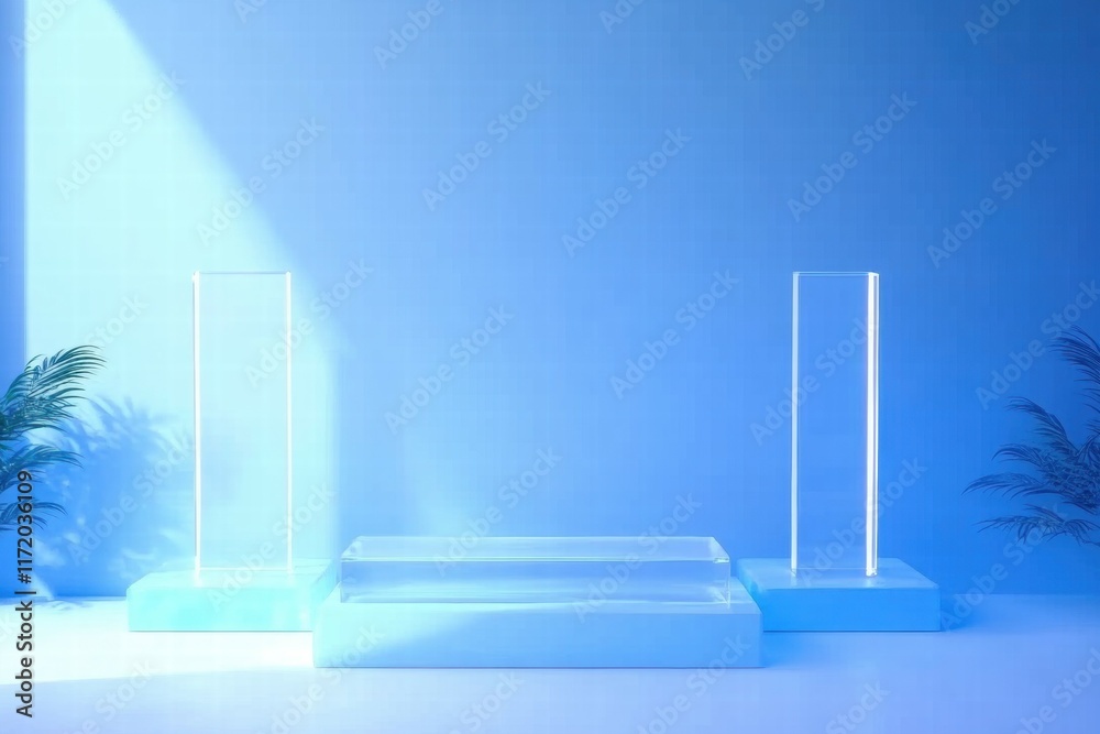 Aufkleber a minimalist display setup with clear pedestals against a blue background.