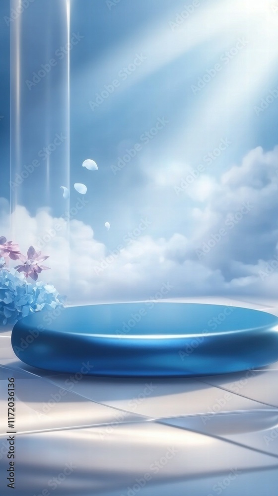 Fototapete a serene, blue circular pool surrounded by soft clouds and gentle light.