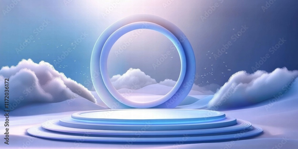 Poster A serene, futuristic stage with a circular portal surrounded by soft clouds.