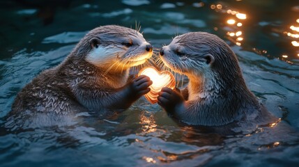 Obraz premium Two otters holding a glowing heart-shaped shell together while floating on water