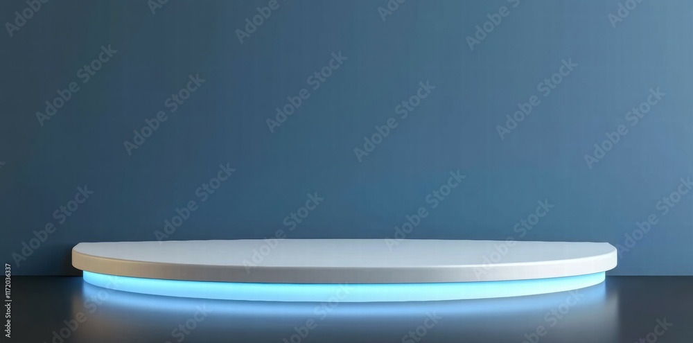 Poster a minimalist display platform with a glowing blue edge against a solid blue wall.