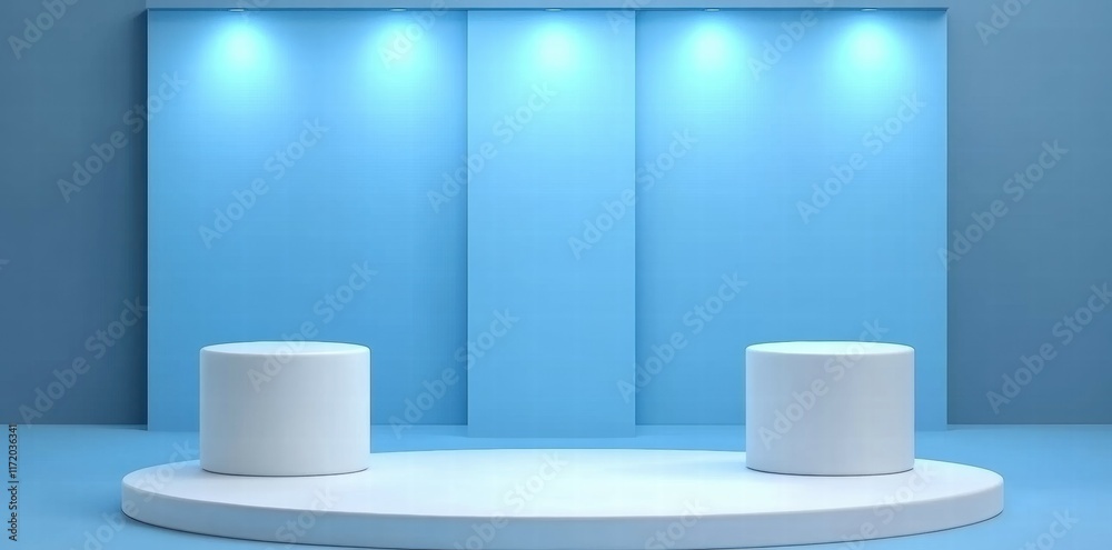 Poster A minimalist stage setup with two circular platforms and blue lighting.