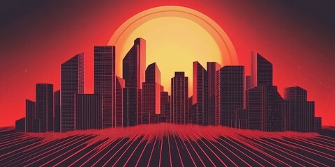Obraz premium Retro Cityscape Silhouette at Sunset with Neon Lines