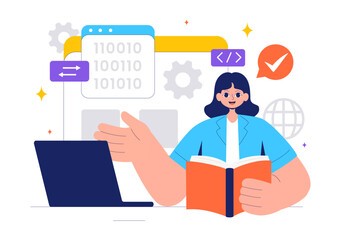 Informatics Vector Illustration featuring Logistics and Supply Chain Management Software Solutions with Coding and Digital Technology Background