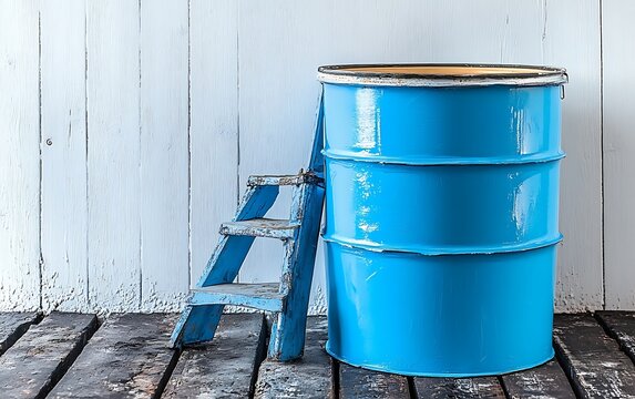 Blue barrel, wooden ladder, rustic background; industrial storage, design element.