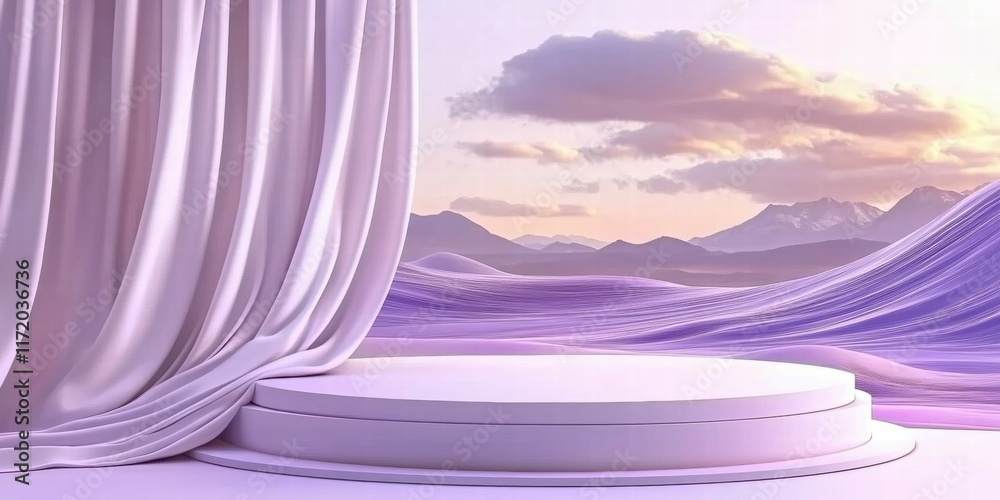 Poster a serene stage set in a dreamy landscape with soft colors and flowing fabric.