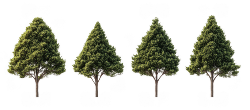 collection of four lush green trees isolated on transparency background, showcasing their vibrant foliage and natural beauty. Perfect for design projects or nature themed presentations