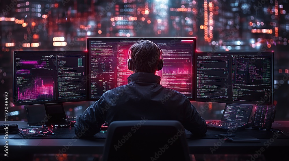 Poster coder working late at night on multiple monitors, surrounded by glowing city lights.
