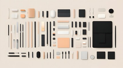 Minimalistic Office Supplies Arrangement on Beige Background