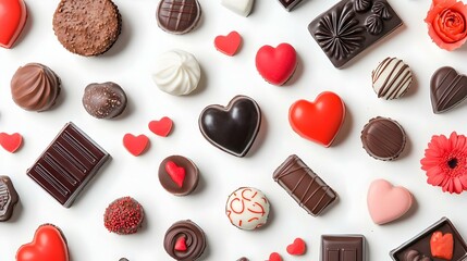 Assorted Chocolates and Heart-Shaped Treats on White Background