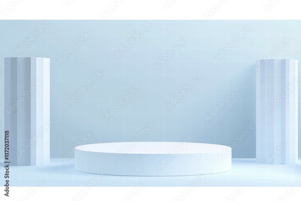 Poster A minimalist stage setup with circular platform and vertical columns in a light blue setting.