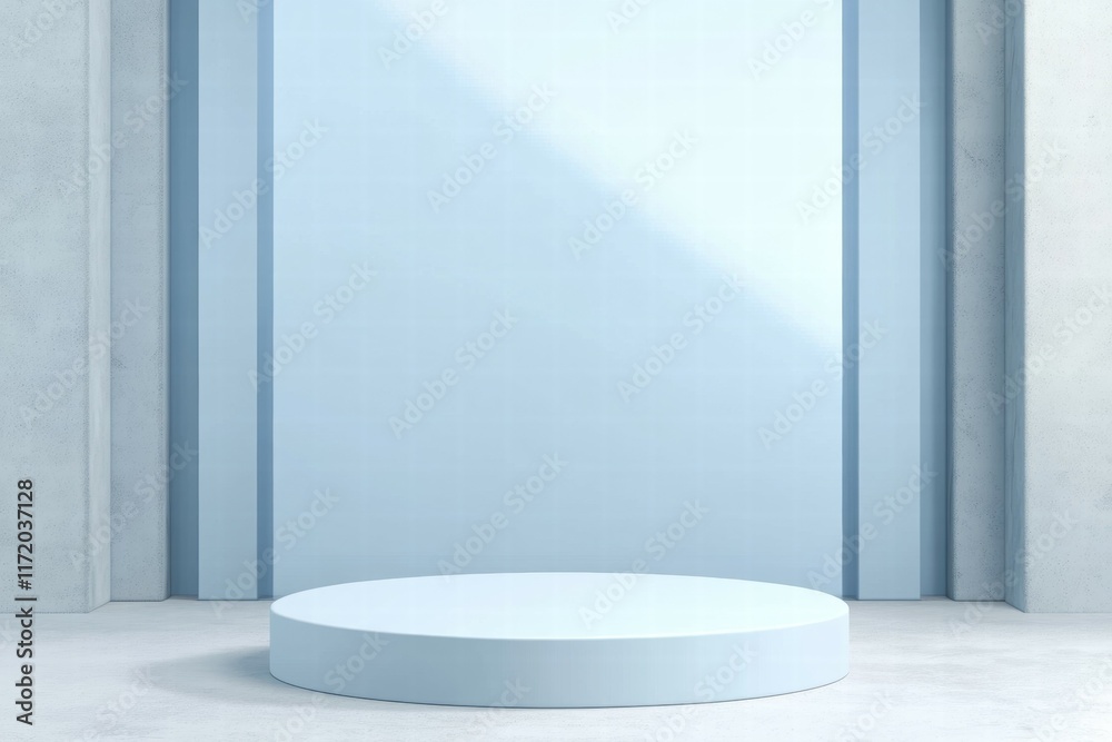 Poster a minimalist blue display platform against a light backdrop, ideal for presentations or showcases.