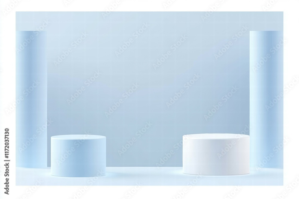 Poster a minimalist display featuring cylindrical shapes in soft blue tones.