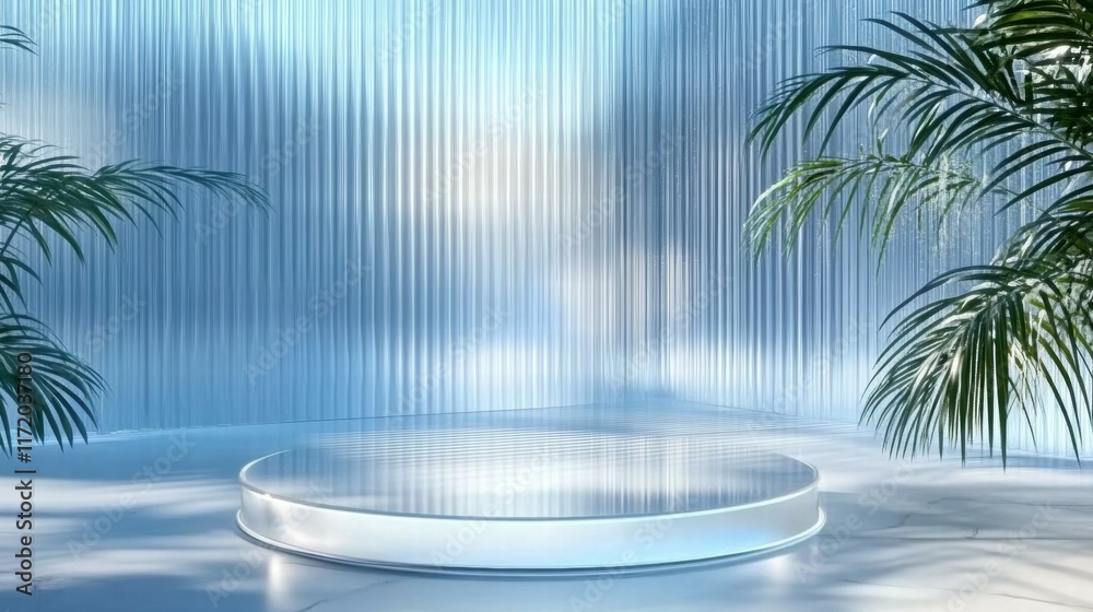 Poster a serene stage setup with reflective surface and lush plants in a light-filled environment.