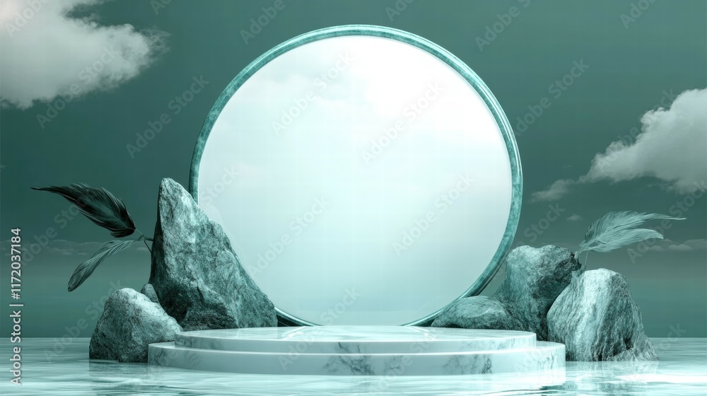 Aufkleber a serene circular mirror structure surrounded by rocks and water, reflecting tranquility.