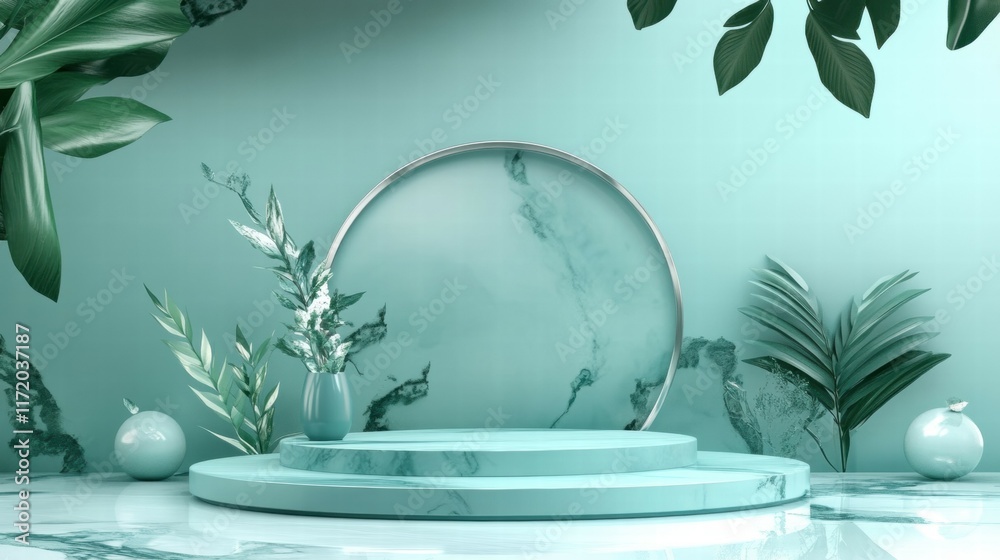 Leinwandbilder a minimalist display featuring a circular backdrop, steps, and greenery in a serene color palette.