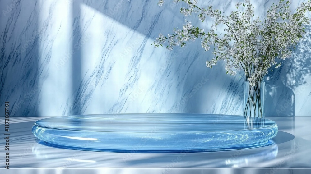 Poster A serene setting featuring a glass surface and a vase of flowers against a light backdrop.