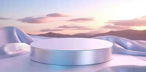 A minimalist podium on a soft surface with a serene landscape in the background.