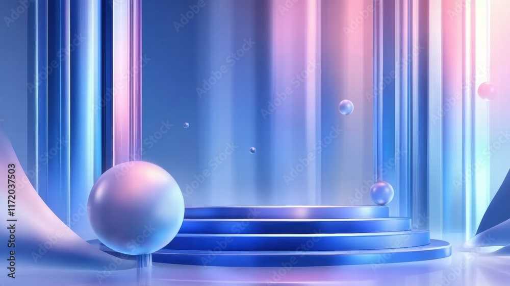 Poster a modern, abstract stage with glowing spheres and soft gradients for presentations or events.