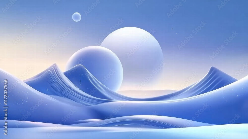 Aufkleber a serene, abstract landscape with soft hills and large celestial bodies in a calming blue palette.