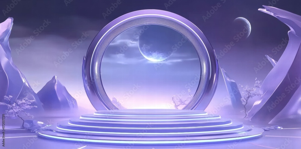 Aufkleber a futuristic portal set in a serene landscape with celestial elements.