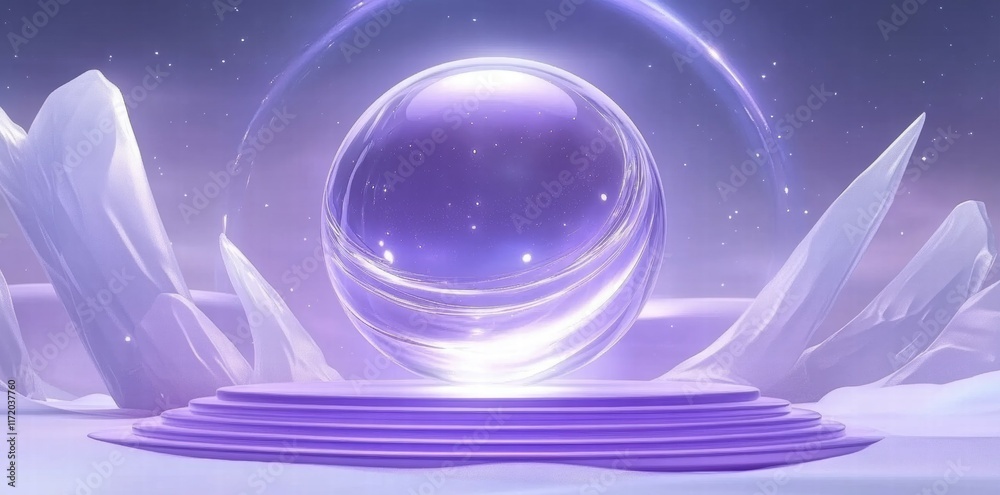 Aufkleber a mystical orb set on a platform surrounded by icy formations in a serene landscape.