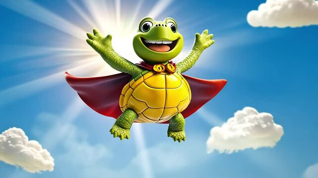 Happy cartoon turtle superhero in red cape flying in blue sky with white clouds.